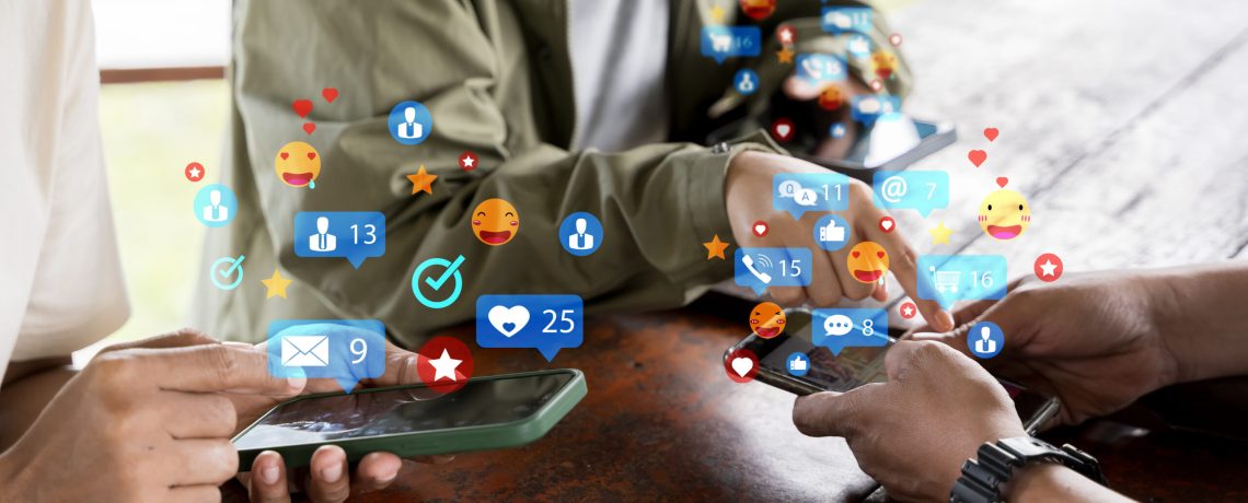 People engaging in networking with technology. Social media addiction concept. Social media network application. Viewing posts, getting likes or love, making friends on social media pages in the city.